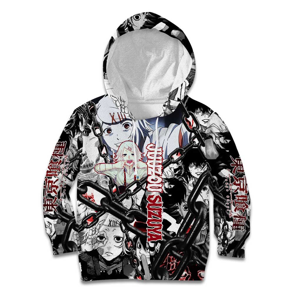 Juuzou Suzuya Tokyo Ghoul Black and White Manga Style Design Kid Hoodie with Red Accents and Chain Weapon Motif - The Mazicc