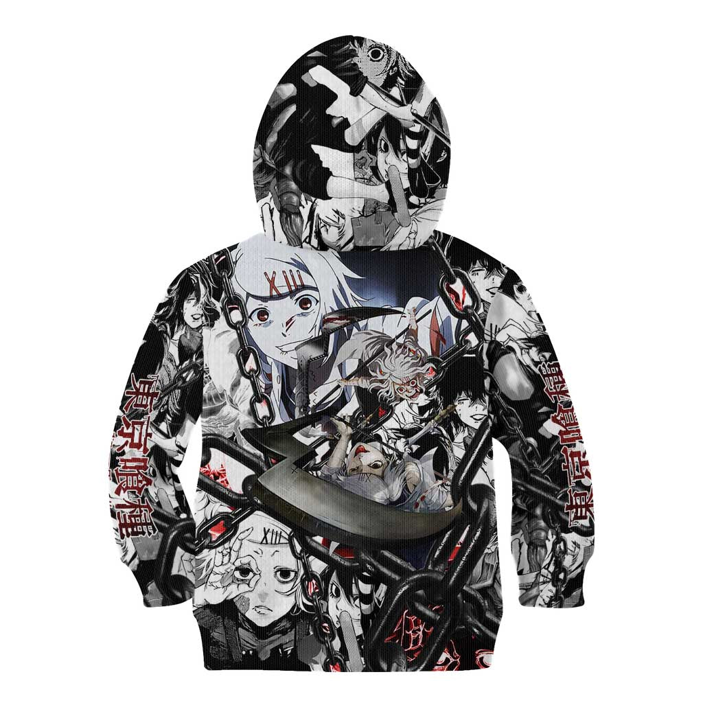 Juuzou Suzuya Tokyo Ghoul Black and White Manga Style Design Kid Hoodie with Red Accents and Chain Weapon Motif - The Mazicc