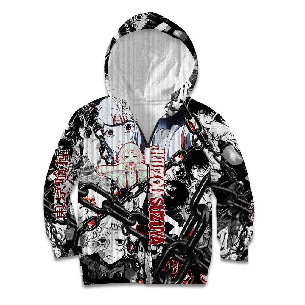 Juuzou Suzuya Tokyo Ghoul Black and White Manga Style Design Kid Hoodie with Red Accents and Chain Weapon Motif - The Mazicc
