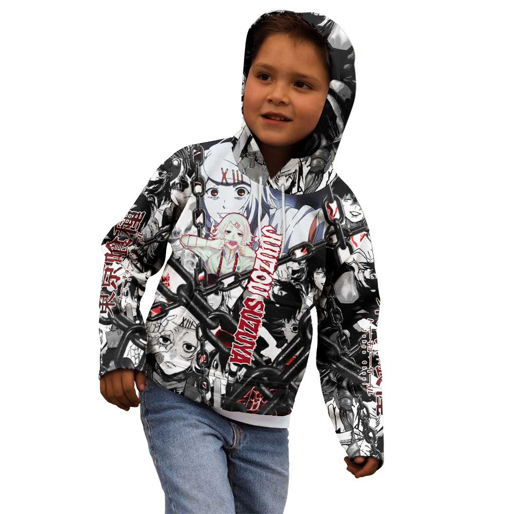Juuzou Suzuya Tokyo Ghoul Black and White Manga Style Design Kid Hoodie with Red Accents and Chain Weapon Motif - The Mazicc