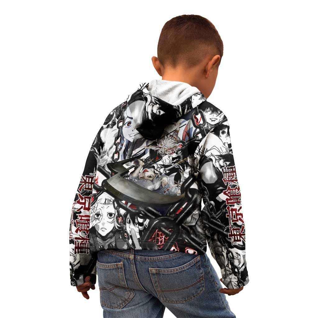Juuzou Suzuya Tokyo Ghoul Black and White Manga Style Design Kid Hoodie with Red Accents and Chain Weapon Motif - The Mazicc