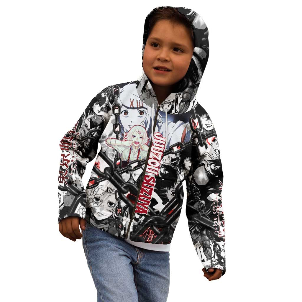 Juuzou Suzuya Tokyo Ghoul Black and White Manga Style Design Kid Hoodie with Red Accents and Chain Weapon Motif - The Mazicc