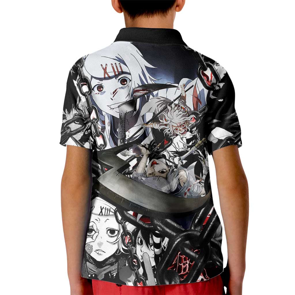 Juuzou Suzuya Tokyo Ghoul Black and White Manga Style Design Kid Polo Shirt with Red Accents and Chain Weapon Motif - The Mazicc