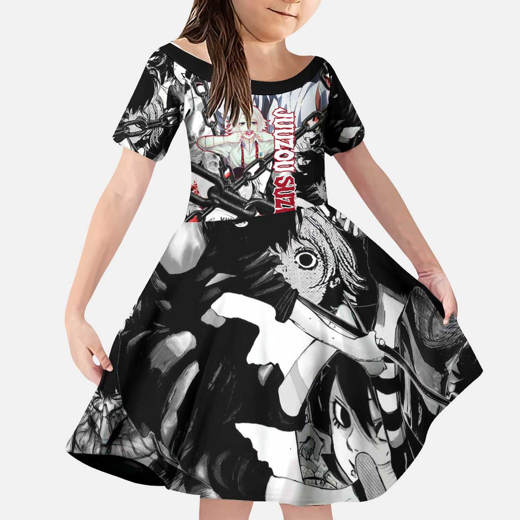 Juuzou Suzuya Tokyo Ghoul Black and White Manga Style Design Kid Short Sleeve Dress with Red Accents and Chain Weapon Motif - The Mazicc