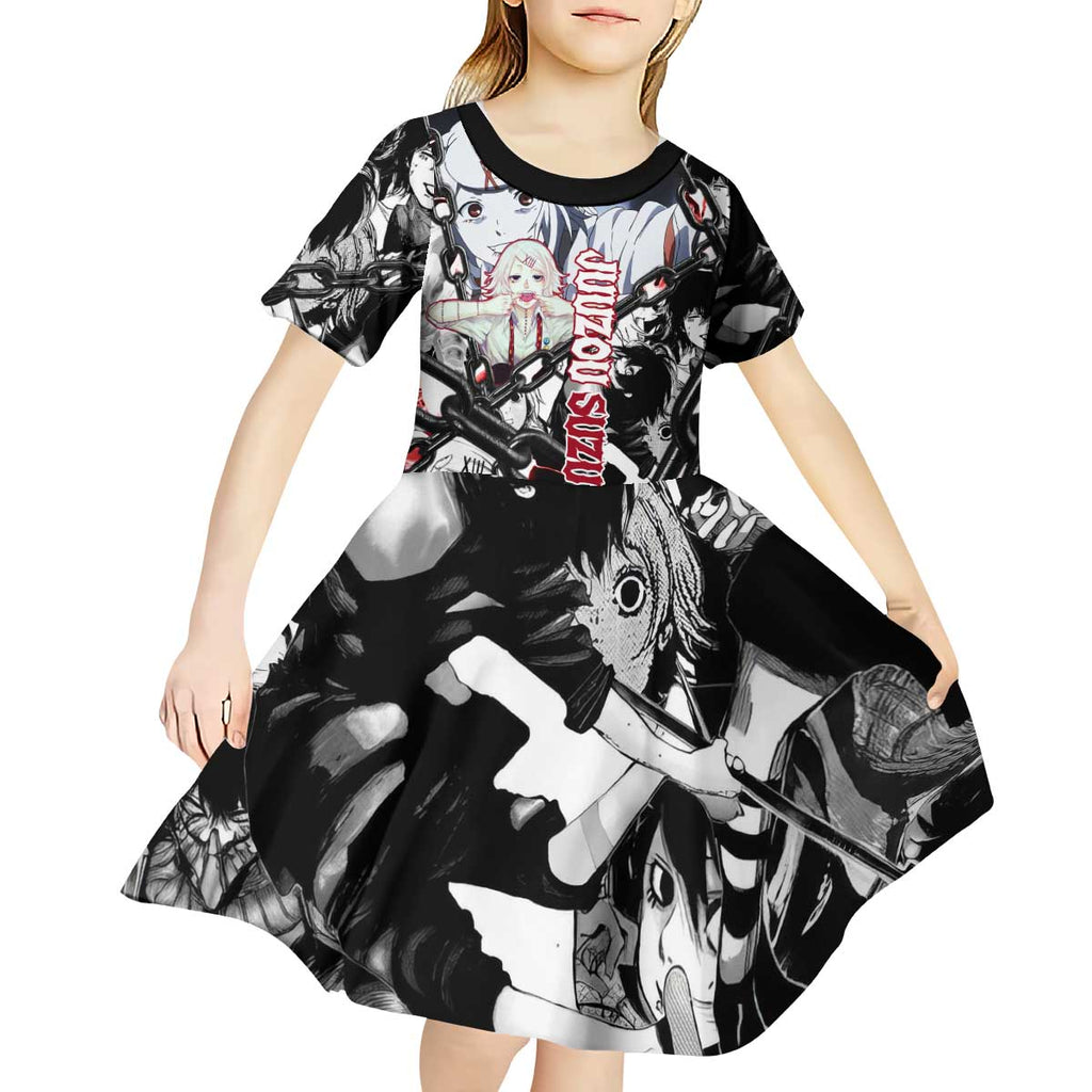 Juuzou Suzuya Tokyo Ghoul Black and White Manga Style Design Kid Short Sleeve Dress with Red Accents and Chain Weapon Motif - The Mazicc