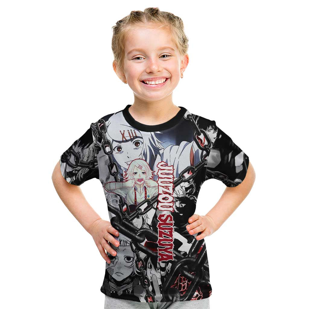 Juuzou Suzuya Tokyo Ghoul Black and White Manga Style Design Kid T Shirt with Red Accents and Chain Weapon Motif - The Mazicc