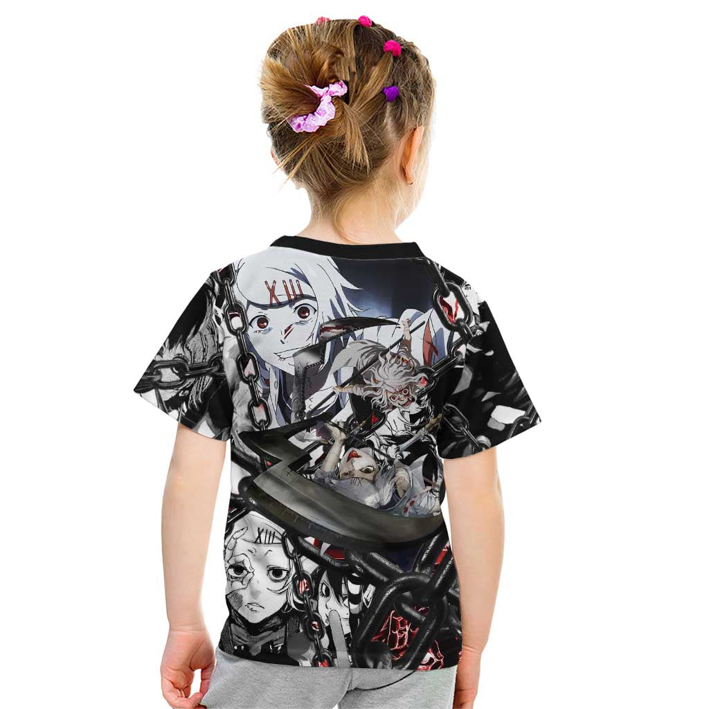 Juuzou Suzuya Tokyo Ghoul Black and White Manga Style Design Kid T Shirt with Red Accents and Chain Weapon Motif - The Mazicc