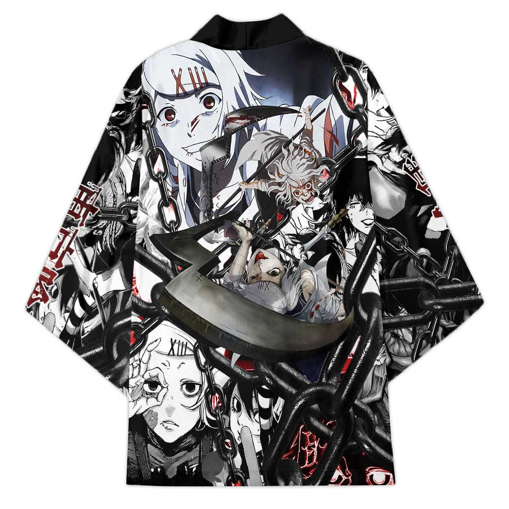 Juuzou Suzuya Tokyo Ghoul Black and White Manga Style Design Kimono with Red Accents and Chain Weapon Motif - The Mazicc