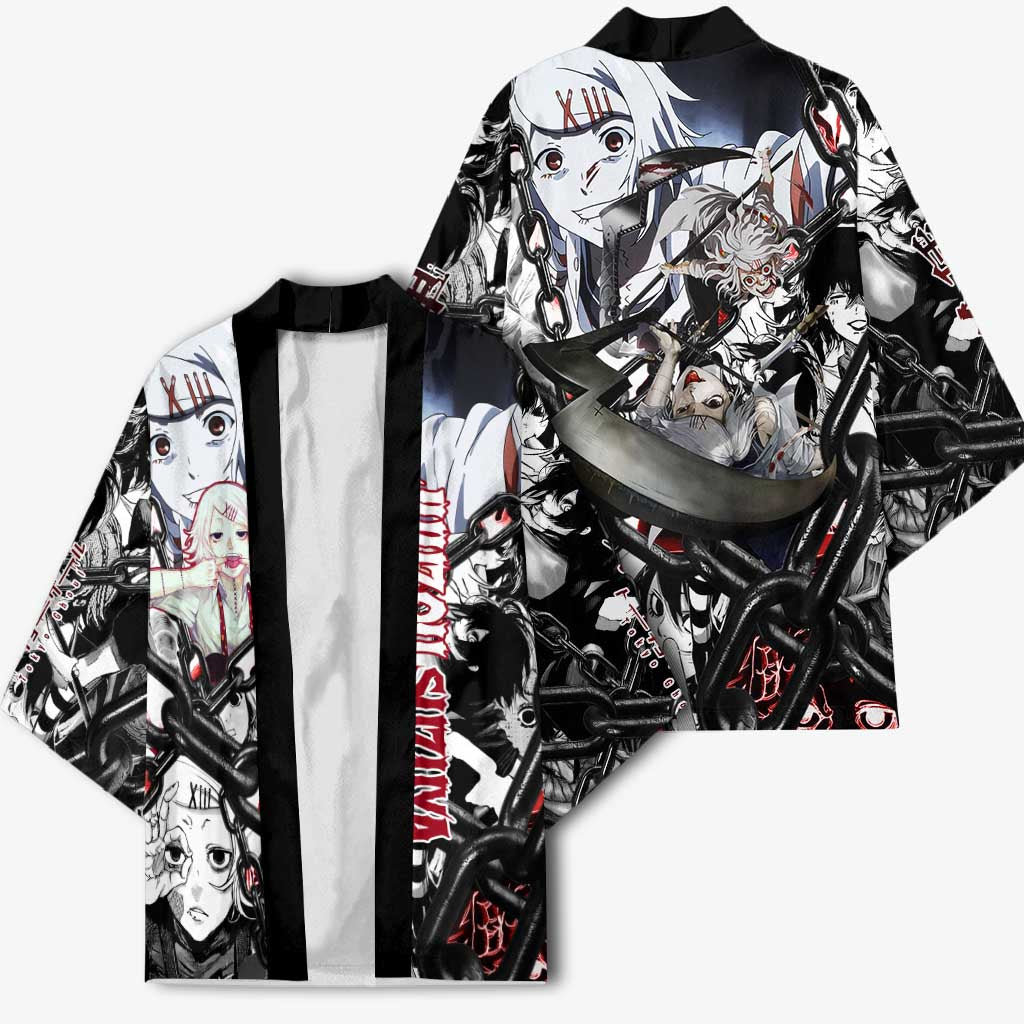 Juuzou Suzuya Tokyo Ghoul Black and White Manga Style Design Kimono with Red Accents and Chain Weapon Motif - The Mazicc
