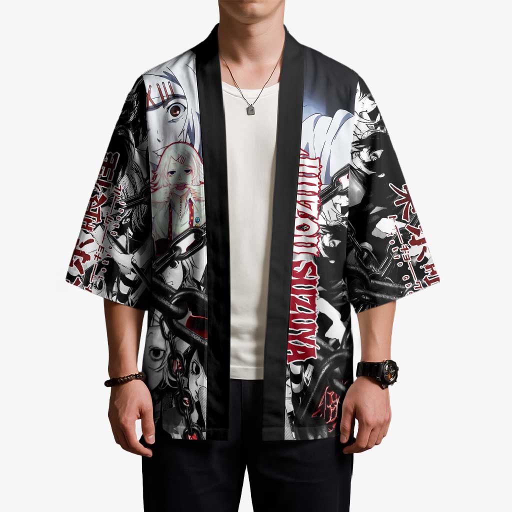 Juuzou Suzuya Tokyo Ghoul Black and White Manga Style Design Kimono with Red Accents and Chain Weapon Motif - The Mazicc
