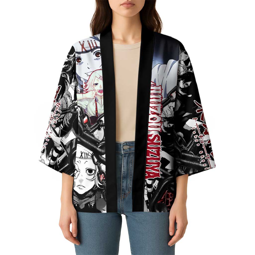 Juuzou Suzuya Tokyo Ghoul Black and White Manga Style Design Kimono with Red Accents and Chain Weapon Motif - The Mazicc