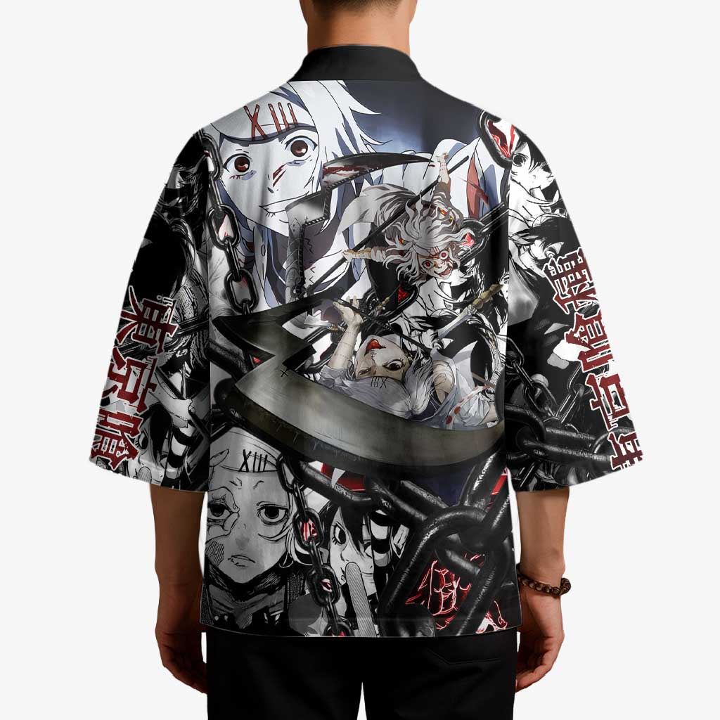 Juuzou Suzuya Tokyo Ghoul Black and White Manga Style Design Kimono with Red Accents and Chain Weapon Motif - The Mazicc