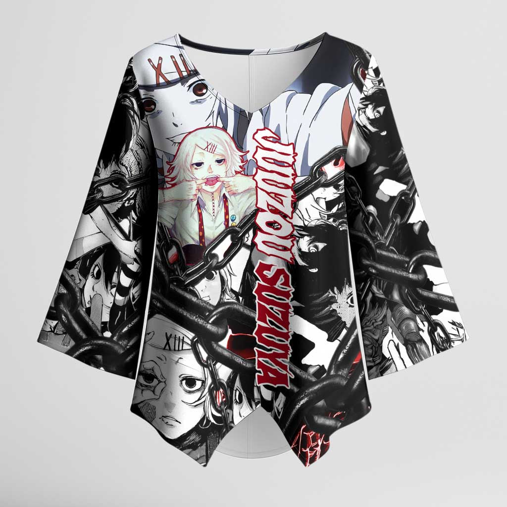 Juuzou Suzuya Tokyo Ghoul Black and White Manga Style Design Kimono Sleeve Blouse with Red Accents and Chain Weapon Motif - The Mazicc