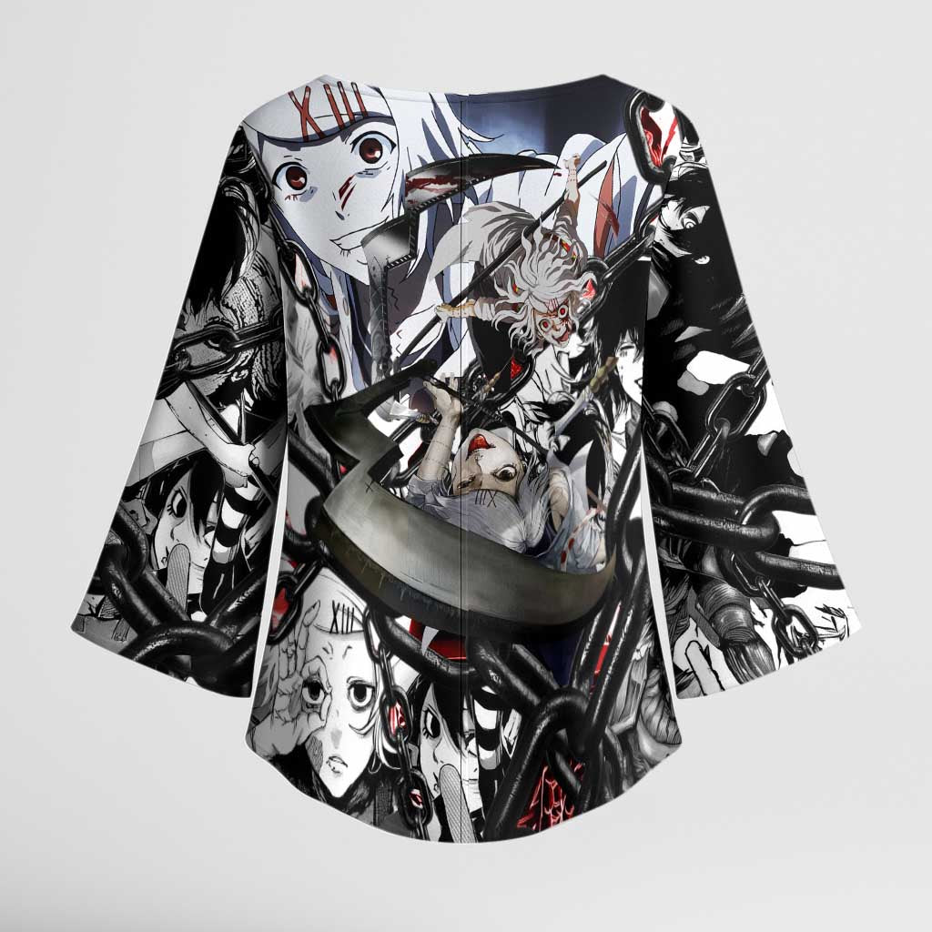 Juuzou Suzuya Tokyo Ghoul Black and White Manga Style Design Kimono Sleeve Blouse with Red Accents and Chain Weapon Motif - The Mazicc