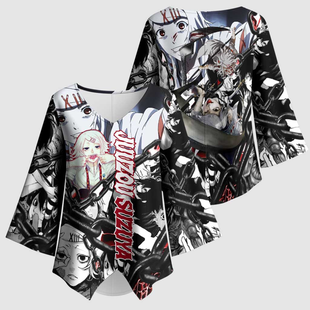 Juuzou Suzuya Tokyo Ghoul Black and White Manga Style Design Kimono Sleeve Blouse with Red Accents and Chain Weapon Motif - The Mazicc