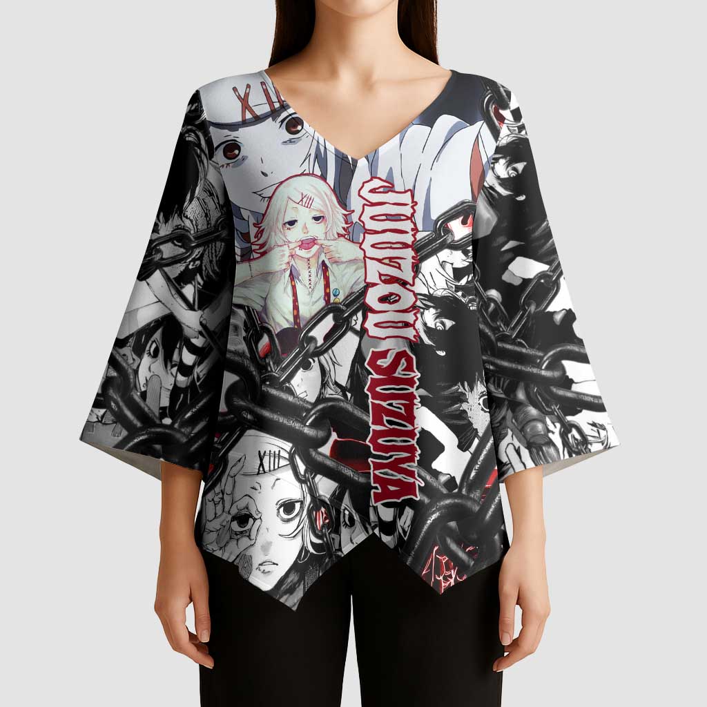 Juuzou Suzuya Tokyo Ghoul Black and White Manga Style Design Kimono Sleeve Blouse with Red Accents and Chain Weapon Motif - The Mazicc