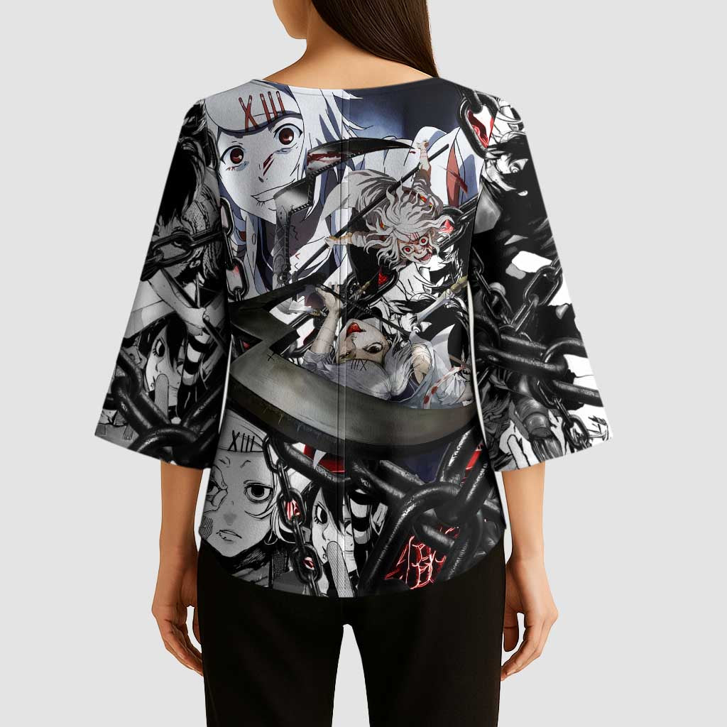 Juuzou Suzuya Tokyo Ghoul Black and White Manga Style Design Kimono Sleeve Blouse with Red Accents and Chain Weapon Motif - The Mazicc