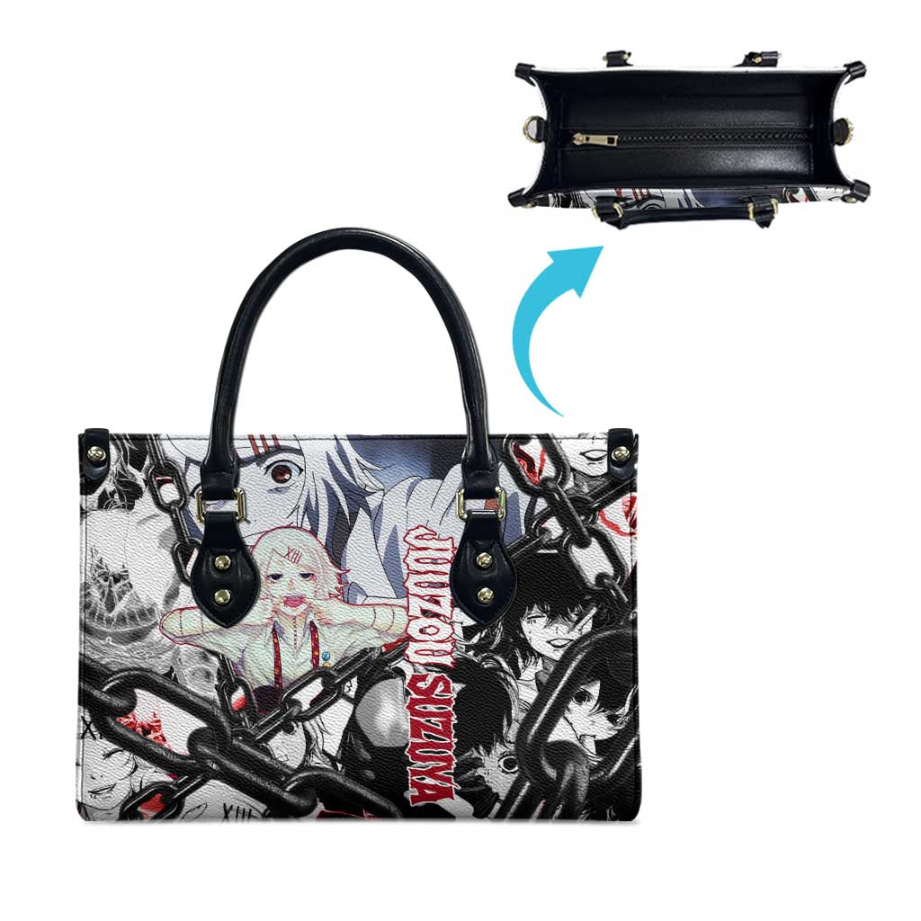 Juuzou Suzuya Tokyo Ghoul Black and White Manga Style Design Leather Bag with Red Accents and Chain Weapon Motif - The Mazicc