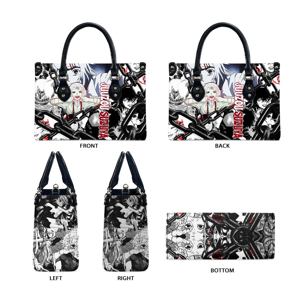 Juuzou Suzuya Tokyo Ghoul Black and White Manga Style Design Leather Bag with Red Accents and Chain Weapon Motif - The Mazicc