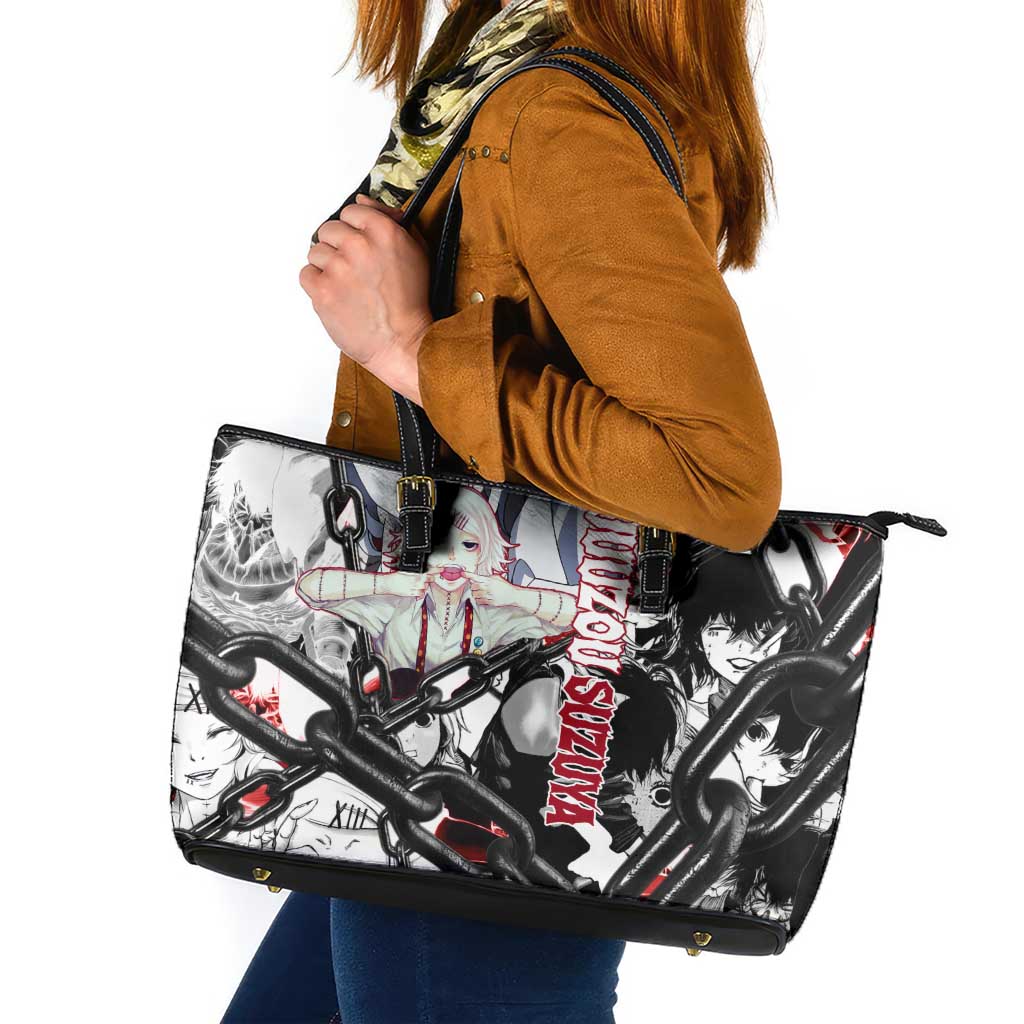 Juuzou Suzuya Tokyo Ghoul Black and White Manga Style Design Leather Tote Bag with Red Accents and Chain Weapon Motif - The Mazicc