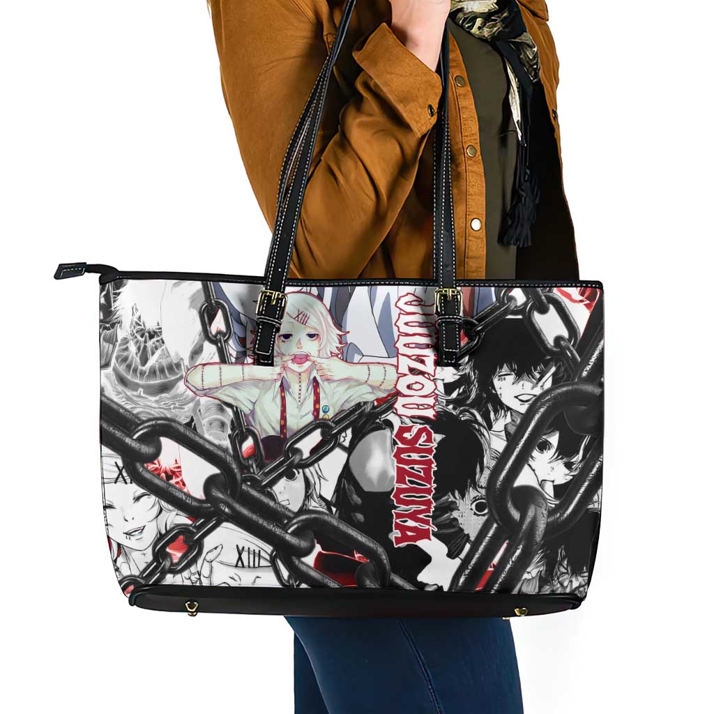 Juuzou Suzuya Tokyo Ghoul Black and White Manga Style Design Leather Tote Bag with Red Accents and Chain Weapon Motif - The Mazicc