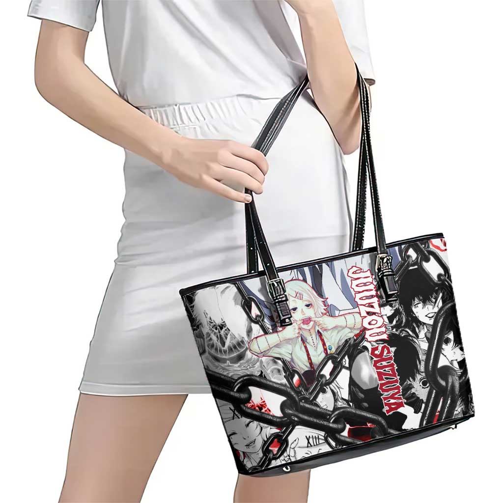 Juuzou Suzuya Tokyo Ghoul Black and White Manga Style Design Leather Tote Bag with Red Accents and Chain Weapon Motif - The Mazicc