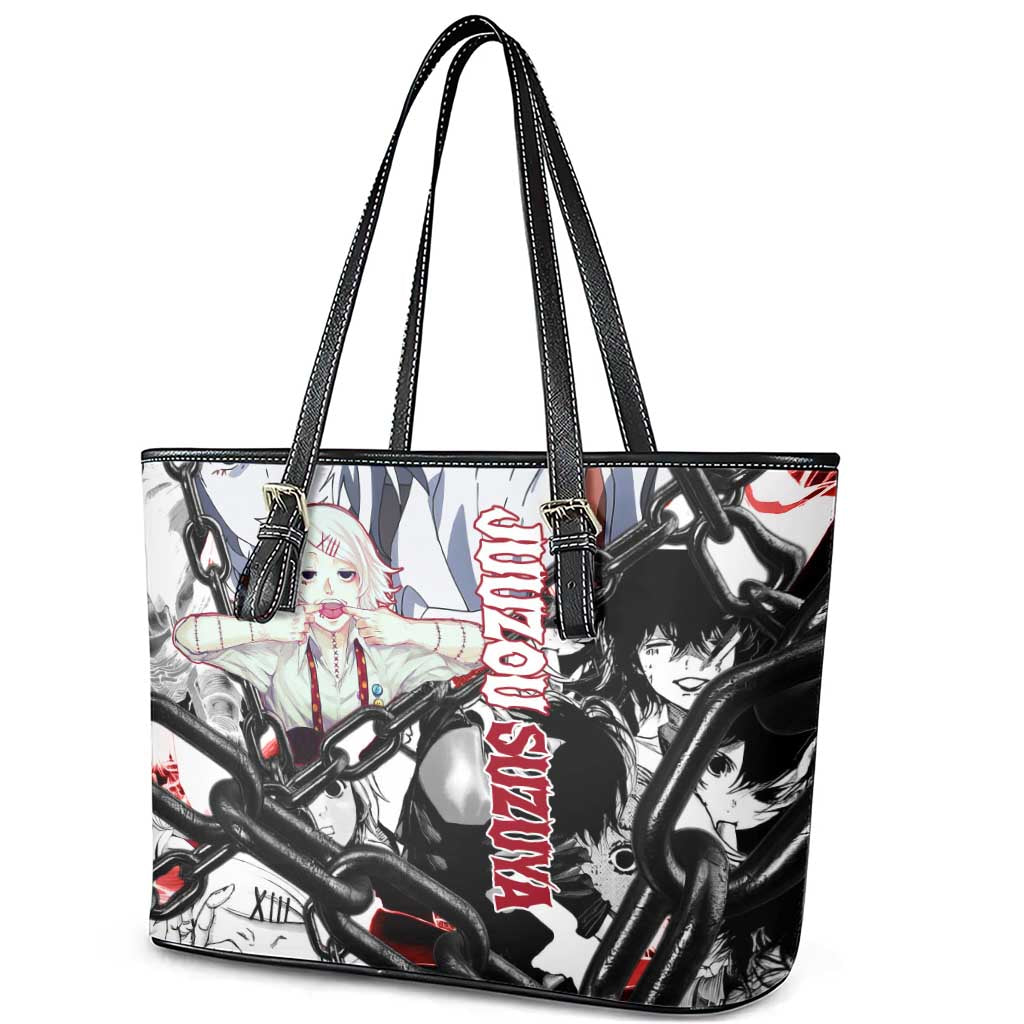 Juuzou Suzuya Tokyo Ghoul Black and White Manga Style Design Leather Tote Bag with Red Accents and Chain Weapon Motif - The Mazicc
