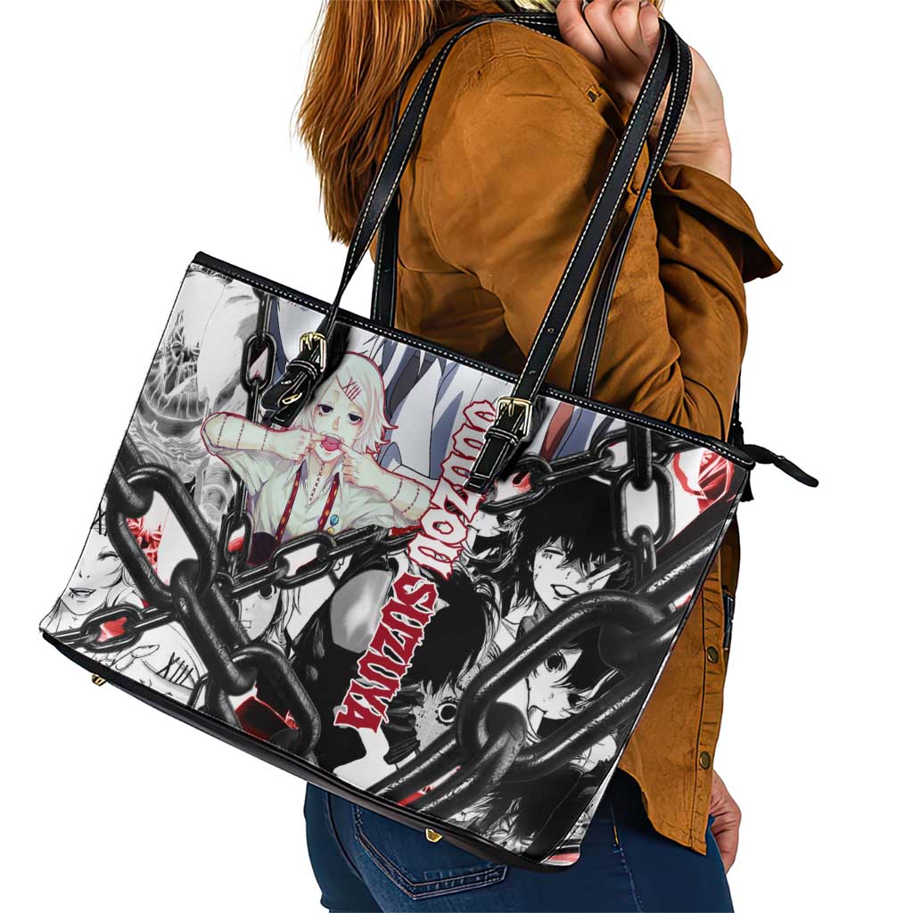 Juuzou Suzuya Tokyo Ghoul Black and White Manga Style Design Leather Tote Bag with Red Accents and Chain Weapon Motif - The Mazicc