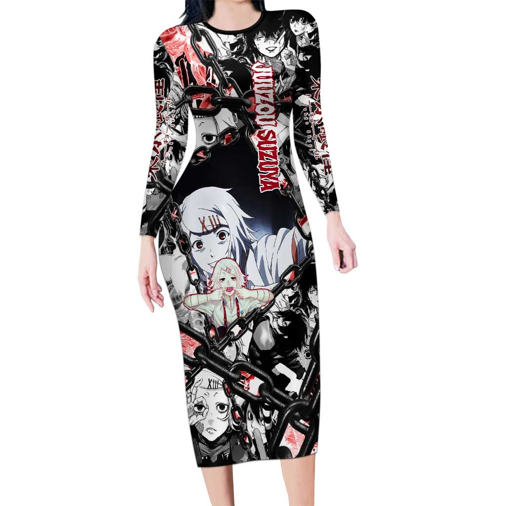 Juuzou Suzuya Tokyo Ghoul Black and White Manga Style Design Long Sleeve Bodycon Dress with Red Accents and Chain Weapon Motif - The Mazicc