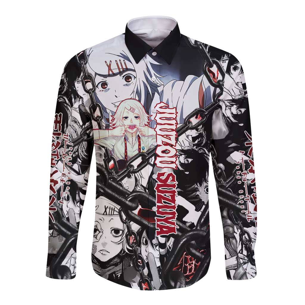 Juuzou Suzuya Tokyo Ghoul Black and White Manga Style Design Long Sleeve Button Shirt with Red Accents and Chain Weapon Motif - The Mazicc