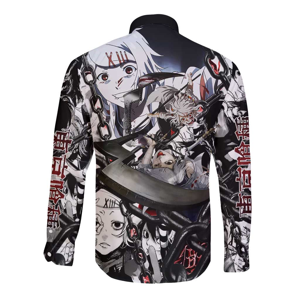 Juuzou Suzuya Tokyo Ghoul Black and White Manga Style Design Long Sleeve Button Shirt with Red Accents and Chain Weapon Motif - The Mazicc