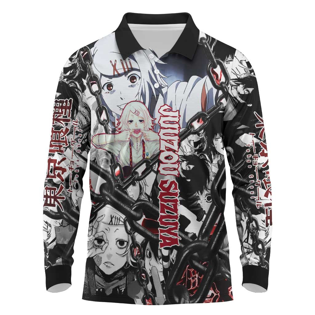 Juuzou Suzuya Tokyo Ghoul Black and White Manga Style Design Long Sleeve Polo Shirt with Red Accents and Chain Weapon Motif - The Mazicc
