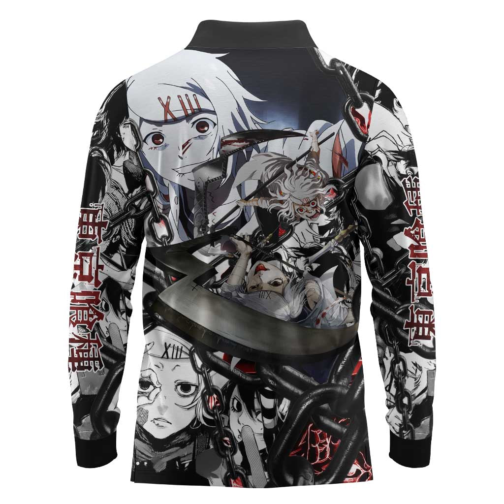 Juuzou Suzuya Tokyo Ghoul Black and White Manga Style Design Long Sleeve Polo Shirt with Red Accents and Chain Weapon Motif - The Mazicc