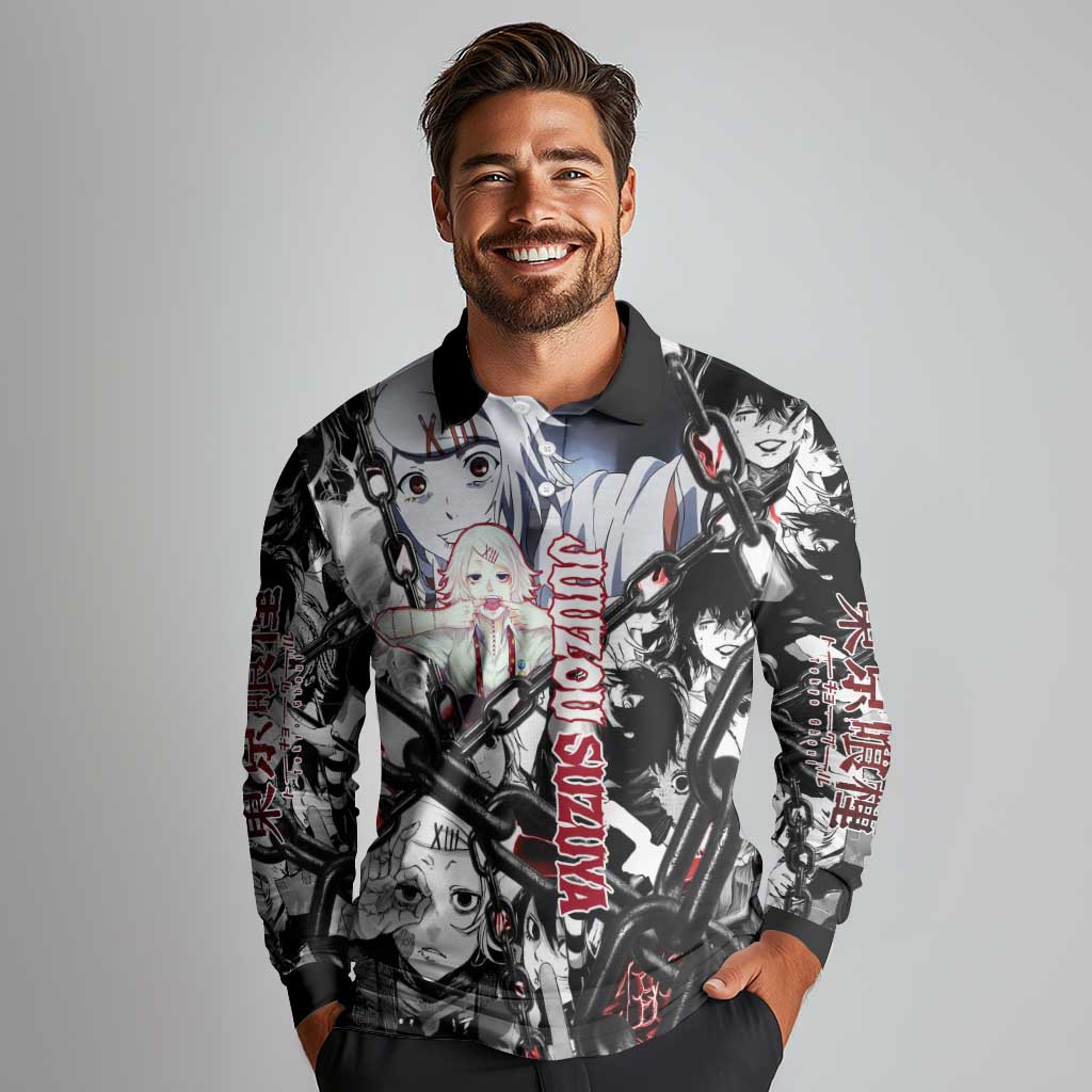 Juuzou Suzuya Tokyo Ghoul Black and White Manga Style Design Long Sleeve Polo Shirt with Red Accents and Chain Weapon Motif - The Mazicc