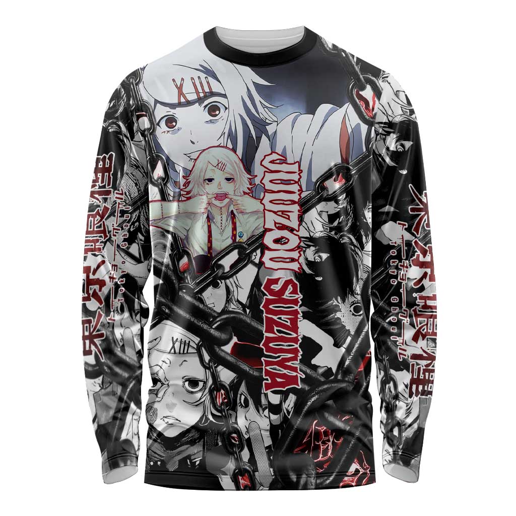 Juuzou Suzuya Tokyo Ghoul Black and White Manga Style Design Long Sleeve Shirt with Red Accents and Chain Weapon Motif - The Mazicc