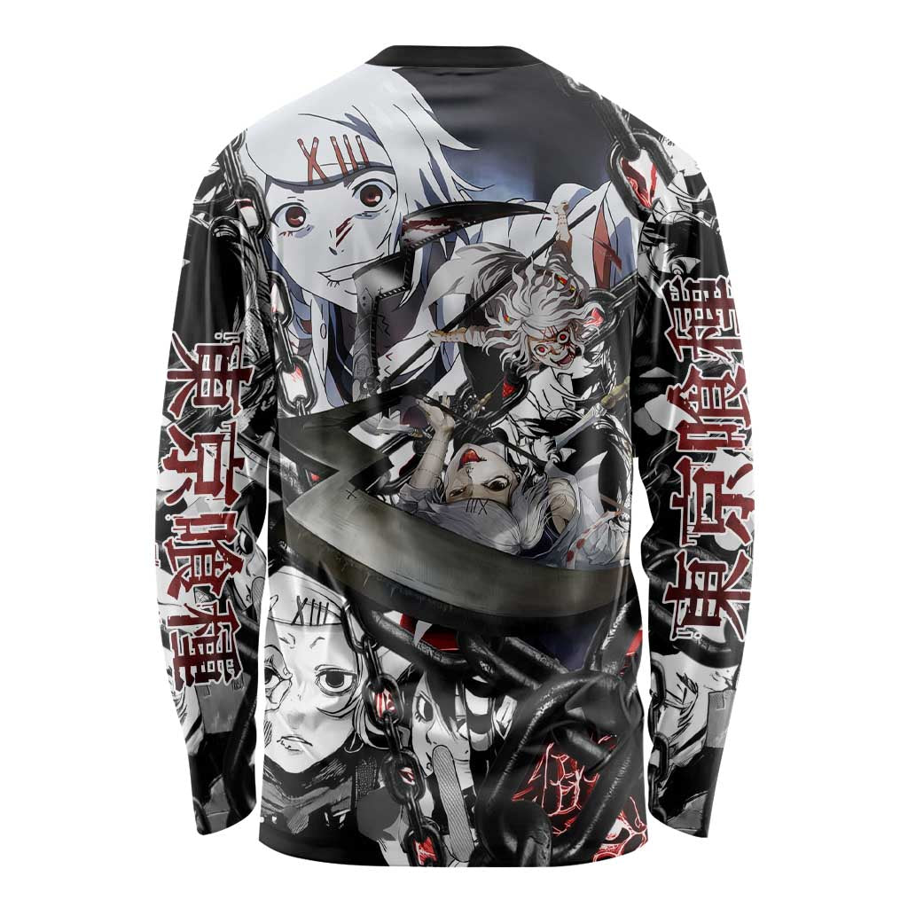 Juuzou Suzuya Tokyo Ghoul Black and White Manga Style Design Long Sleeve Shirt with Red Accents and Chain Weapon Motif - The Mazicc