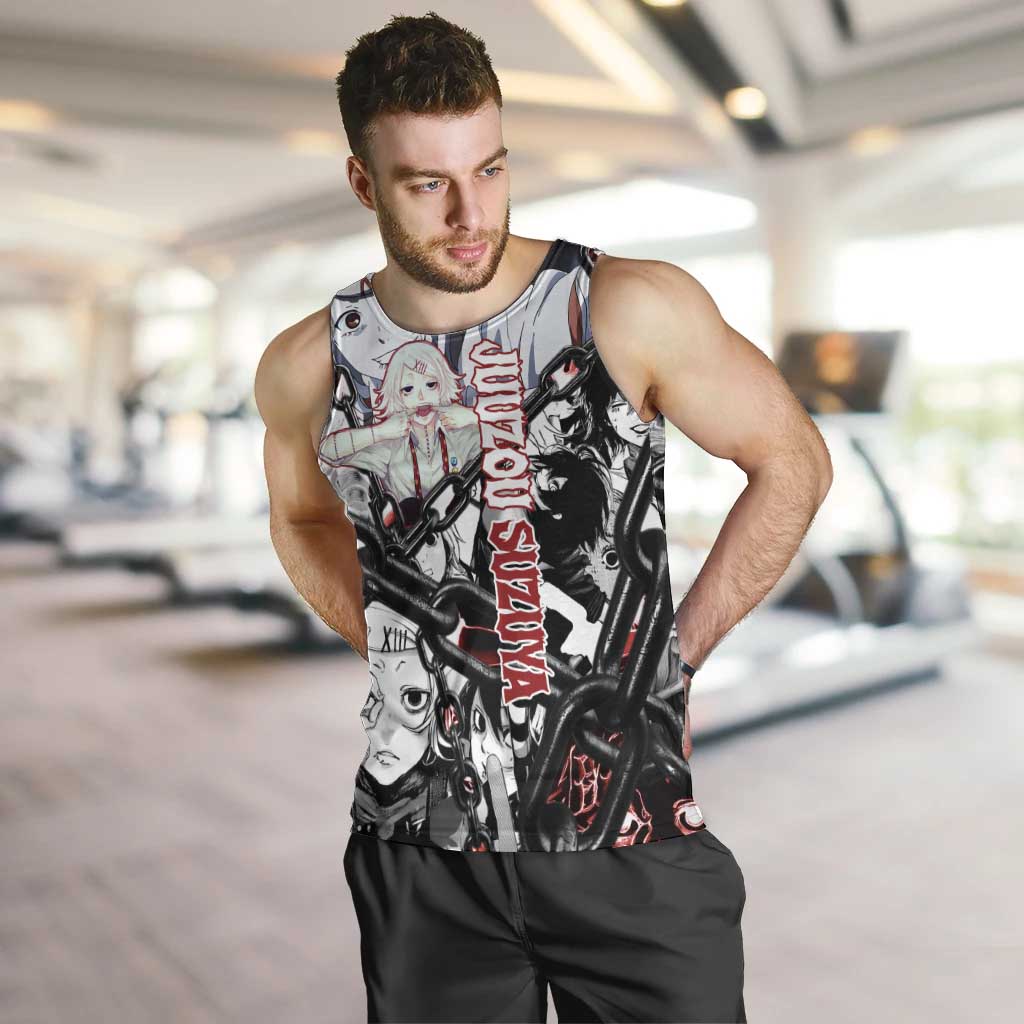 Juuzou Suzuya Tokyo Ghoul Black and White Manga Style Design Men Tank Top with Red Accents and Chain Weapon Motif - The Mazicc