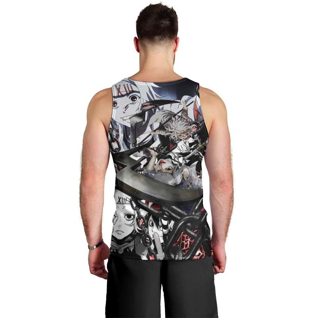 Juuzou Suzuya Tokyo Ghoul Black and White Manga Style Design Men Tank Top with Red Accents and Chain Weapon Motif - The Mazicc