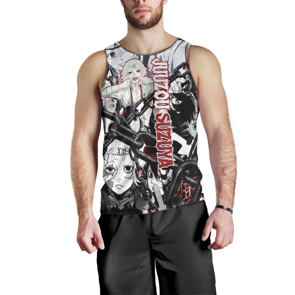 Juuzou Suzuya Tokyo Ghoul Black and White Manga Style Design Men Tank Top with Red Accents and Chain Weapon Motif - The Mazicc