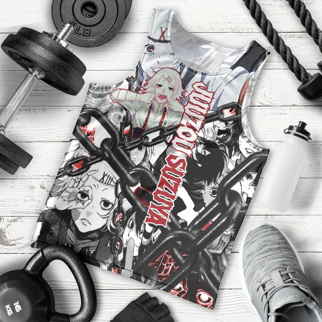Juuzou Suzuya Tokyo Ghoul Black and White Manga Style Design Men Tank Top with Red Accents and Chain Weapon Motif - The Mazicc