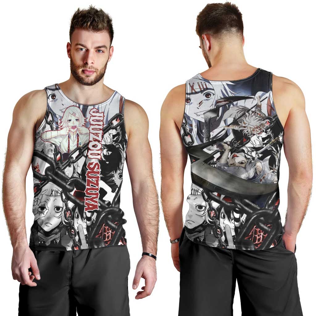 Juuzou Suzuya Tokyo Ghoul Black and White Manga Style Design Men Tank Top with Red Accents and Chain Weapon Motif - The Mazicc