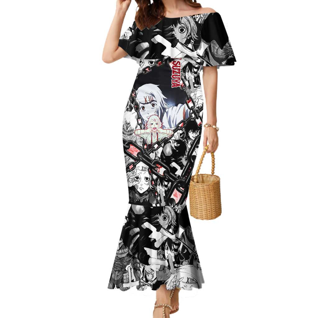 Juuzou Suzuya Tokyo Ghoul Black and White Manga Style Design Mermaid Dress with Red Accents and Chain Weapon Motif - The Mazicc