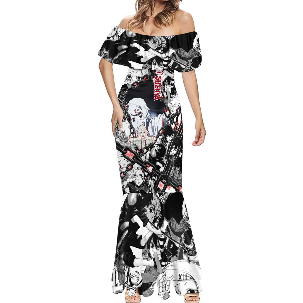 Juuzou Suzuya Tokyo Ghoul Black and White Manga Style Design Mermaid Dress with Red Accents and Chain Weapon Motif - The Mazicc