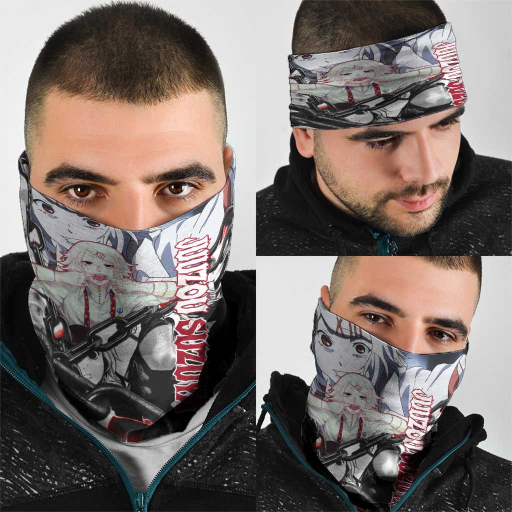 Juuzou Suzuya Tokyo Ghoul Black and White Manga Style Design Neck Gaiter with Red Accents and Chain Weapon Motif - The Mazicc