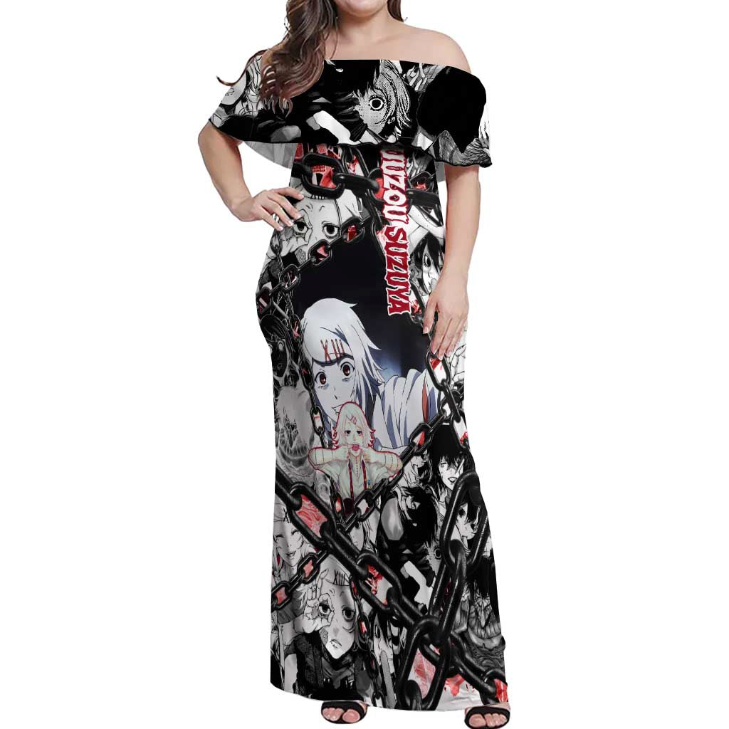 Juuzou Suzuya Tokyo Ghoul Black and White Manga Style Design Off Shoulder Maxi Dress with Red Accents and Chain Weapon Motif - The Mazicc