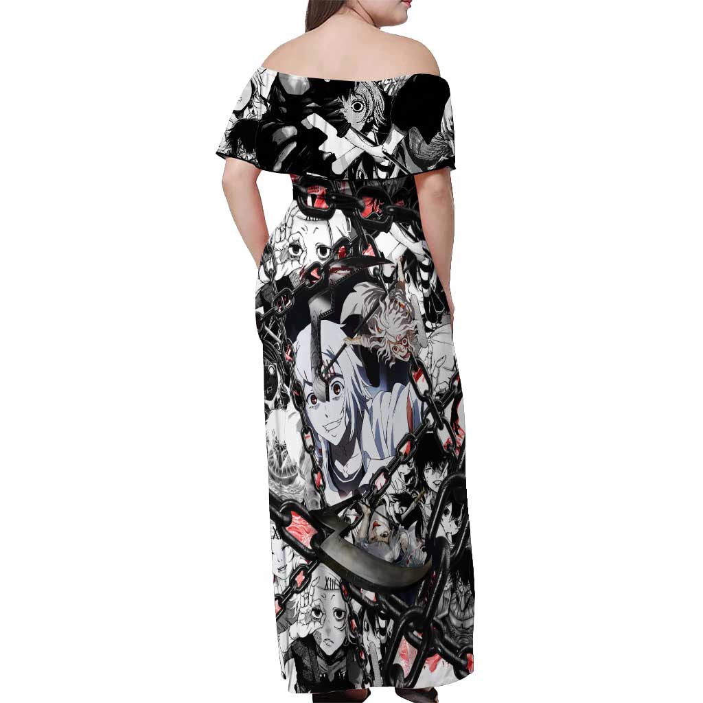 Juuzou Suzuya Tokyo Ghoul Black and White Manga Style Design Off Shoulder Maxi Dress with Red Accents and Chain Weapon Motif - The Mazicc