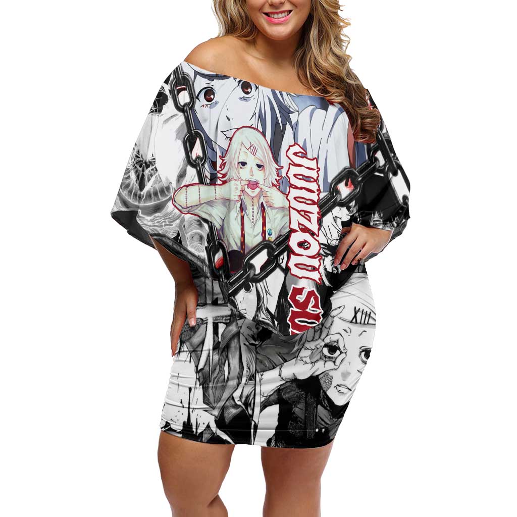 Juuzou Suzuya Tokyo Ghoul Black and White Manga Style Design Off Shoulder Short Dress with Red Accents and Chain Weapon Motif - The Mazicc