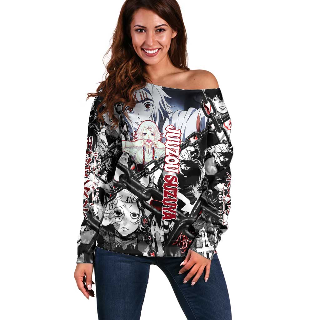 Juuzou Suzuya Tokyo Ghoul Black and White Manga Style Design Off Shoulder Sweater with Red Accents and Chain Weapon Motif - The Mazicc