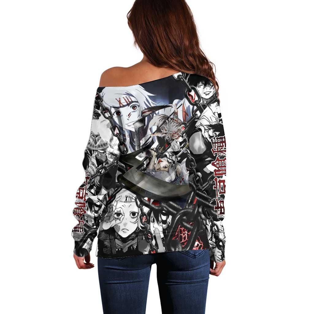 Juuzou Suzuya Tokyo Ghoul Black and White Manga Style Design Off Shoulder Sweater with Red Accents and Chain Weapon Motif - The Mazicc