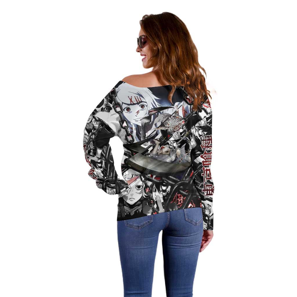 Juuzou Suzuya Tokyo Ghoul Black and White Manga Style Design Off Shoulder Sweater with Red Accents and Chain Weapon Motif - The Mazicc